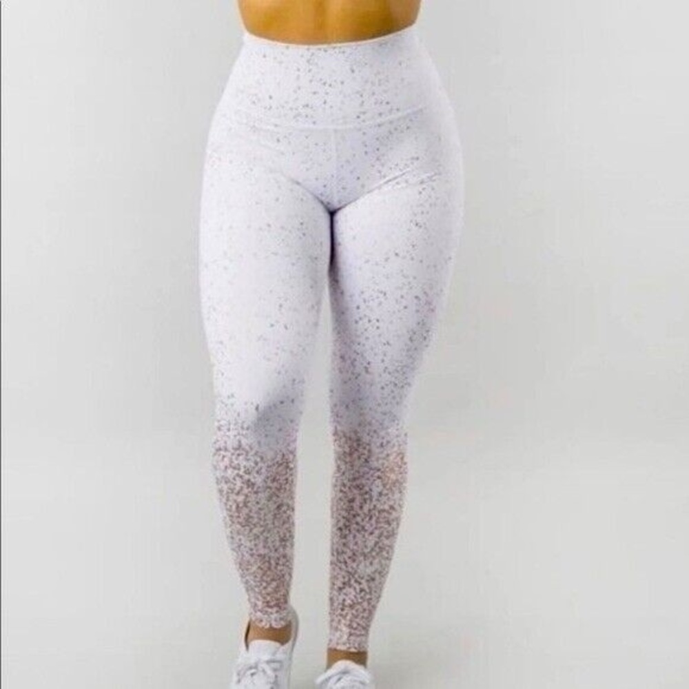 BuffBunny Women's High Waist Dazzle White Rose Gold Splatter Leggings Size S